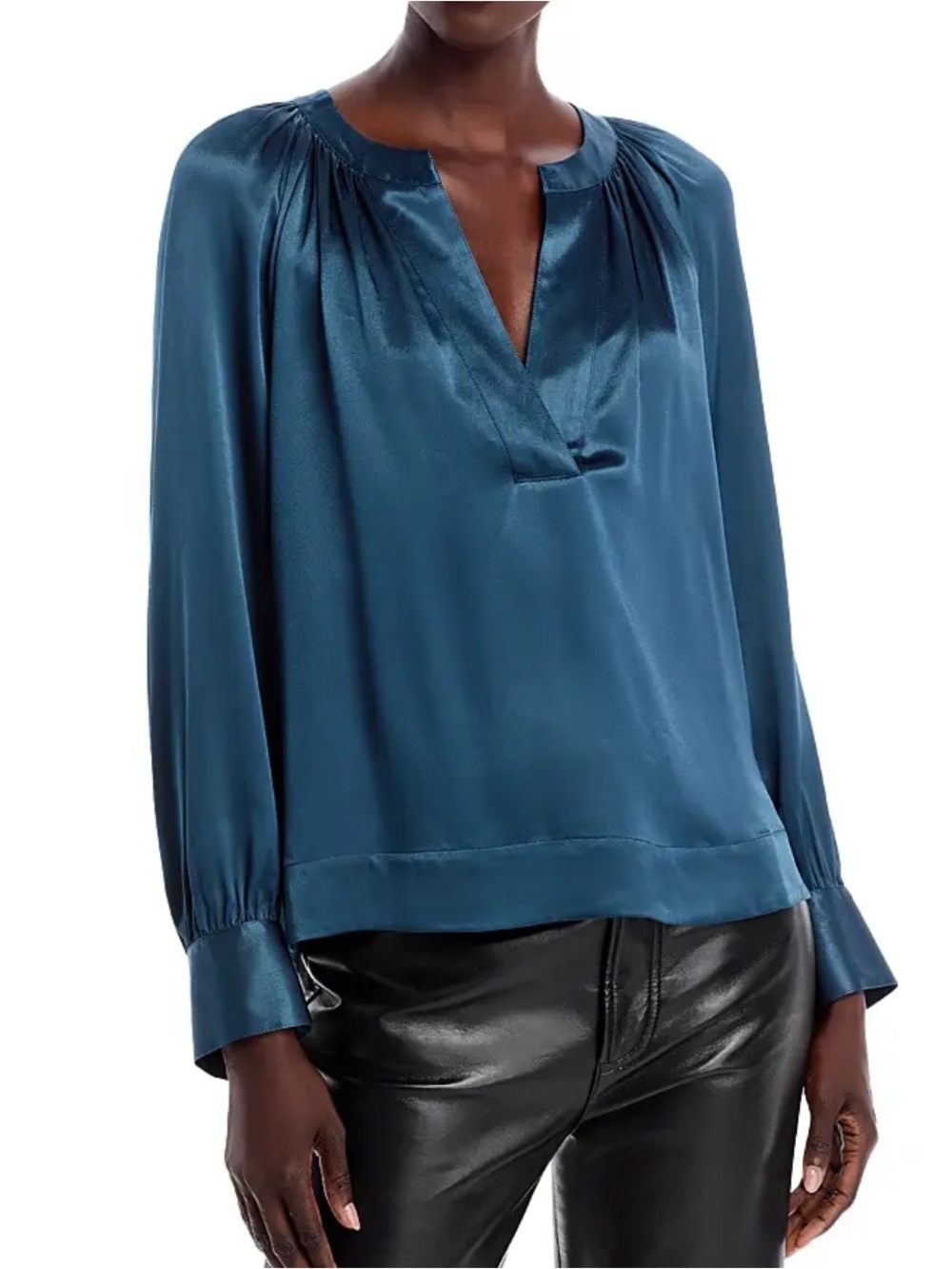 Rails Blue V-Neck Satin Long-Sleeve Blouse